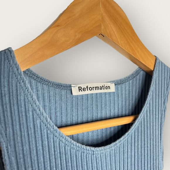 Reformation Candice Bodycon Midi Dress Cut Out Large Blue Ribbed Knit Open Back - Picture 3 of 12